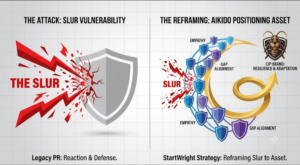 Visual audit for Cockroach Janata Party (CJP) brand. Infographic contrasts reactive slur defense with StartWright’s Aikido reframing strategy, turning slurs into positioning assets. Key for CJP's 'slur to scale' analysis.
