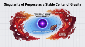 Visual case study analysis for Cockroach Janata Party (CJP). This strategy infographic illustrates how a focus on 'Educational Reform & Accountability' (singularity of purpose) keeps a brand out of 'Troll Wars' and in a 'Stable Brand Equity Orbit'. Critical for understanding the CJP 'slur to scale' narrative. Created for StartWright Strategy audit.