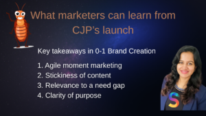 StartWright slide outlining four key 0-1 brand creation takeaways from the Cockroach Janata Party launch: agile moment marketing, content stickiness, relevance to a need gap, and clarity of purpose.