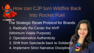 StartWright slide explaining the Strategic Reset Protocol for brands to turn wildfire into rocket fuel: re-centering Minimum Viable Purpose (MVP), operationalizing authenticity, shifting spectacle to solidarity, and enforcing narrative discipline.